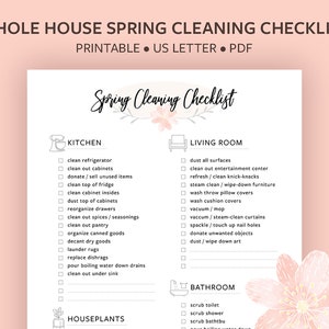 May include: A printable spring cleaning checklist with sections for the kitchen, living room, bathroom, and houseplants. Each section has a list of tasks to complete, such as cleaning out the refrigerator, dusting all surfaces, and scrubbing the toilet.