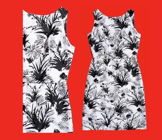 1980s does 1960s Black & White Floral Cocktail/ Pa