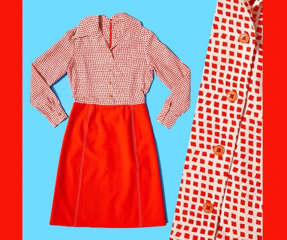 1960s Red & White long sleeve Grid/ Square Speckle