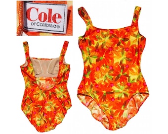 1970s Cole of California XL Orange & Yellow Floral Swimsuit