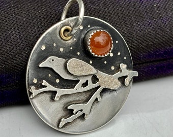 Sterling Night Sky Bird On Branch Pendant. Carnelian . Simple .Rustic. Pendant. Carnelian