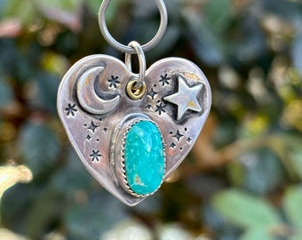 Kingman Turquoise Large Heart Pendant . Artisan Jewelry . Sterling Silver .
