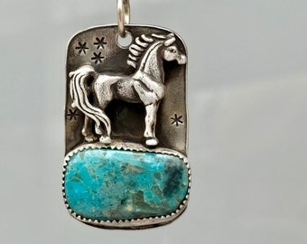 Sterling Silver Horse Pendant . Kingman Turquoise . Stamped  . Pendant