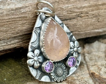 Pink Quartz Sterling Pendant . Purple Crystals . Flowers . Sterling Silver