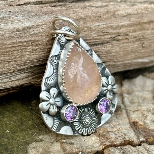 Pink Quartz Sterling Pendant . Purple Crystals . Flowers . Sterling Silver