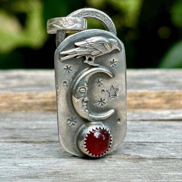 Sterling Silver Crow Moon Star Pendant .Carnelian  . Stamped  . Pendant
