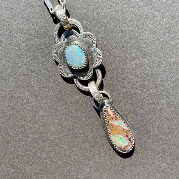 Boulder Opal Charm Necklace Sterling Silver . Opal Pendant Drop Necklace