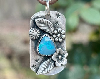 Opal Tag Silver Pendant . Flowers Artisan Jewelry . Sterling Silver