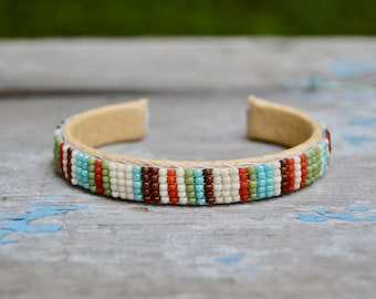 Hand Loomed Cuff Bracelet . Repurposed . Leather . Czech Glass Seed Beads . Southwestern .