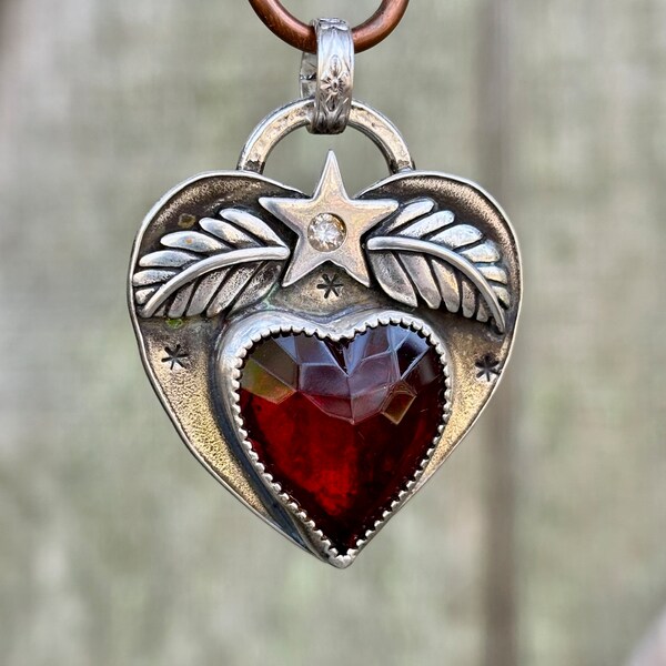 Sterling Heart Charm Pendant . Handmade . Rustic . Faceted Red Glass  Charm . Rustic Pendant