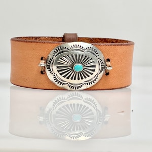 Sterling Concho Turquoise Bracelet  . Leather . Vintage Sterling Concho . Southwestern
