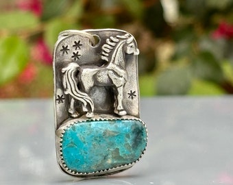 Sterling Silver Horse Pendant . Kingman Turquoise . Stamped  . Pendant