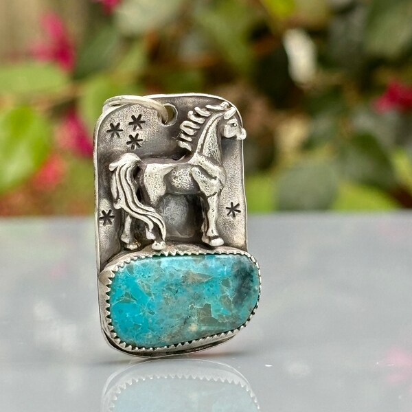 Sterling Silver Horse Pendant . Kingman Turquoise . Stamped  . Pendant