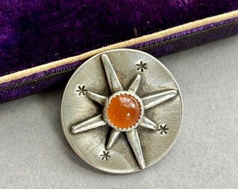 Sterling Star Compass Carnelian Button . Artisan Jewelry . Sterling Silver