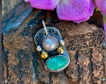 Turquoise + Pearl Keum Boo Sterling  Pendant . Artisan Jewelry . Sterling Silver . 24Kt. Keum Boo