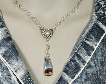Blue Opal Necklace Sterling Silver + Long Drop Necklace