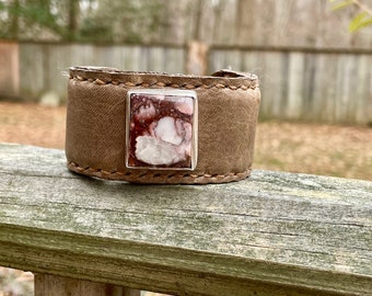 Leather Crazy Lace Agate Cuff Sterling Bracelet. Copper Metal Center.  South Western  . Cuff.  Handmade . Nature