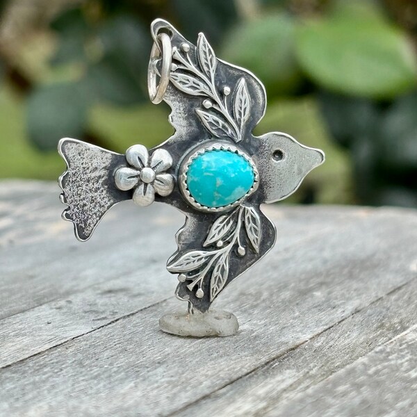 Turquoise Sterling Bird Pendant . Kingman Turquoise . Nature . Sterling  . Artisan Jewelry