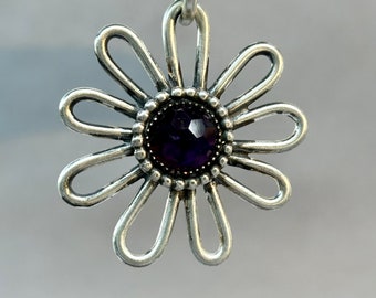 Large Sterling Flower Pendant  . Amethyst . Flower. Pendant . Charm