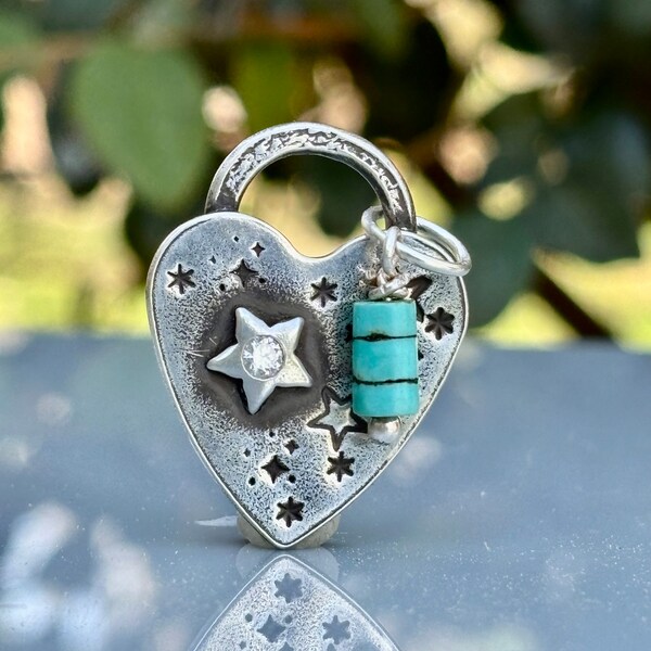 Moissanite 1Ct. Diamond Heart Silver Pendant + Turquoise . Artisan Jewelry . Sterling Silver