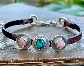 Sterling Gemstone Trio Leather Bracelet  . Leather . Sterling .Turquoise . Pink quartz