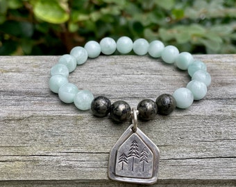 Stacking Gemstone Beaded Bracelet + Sterling Charm .  Aquamarine . Pyrite  . Sterling Charm . Standard Size