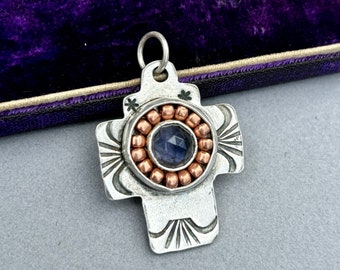 Blue Kyanite Stylized Cross Silver Pendant . Artisan Jewelry . Sterling Silver . Bronze beads .