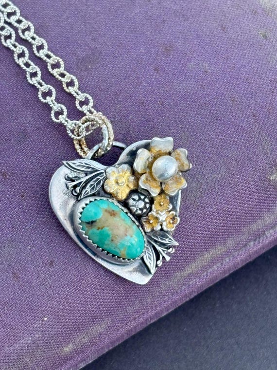 Turquoise Heart Sterling Silver Necklace: 24K Gold Gilded Rustic Pendant