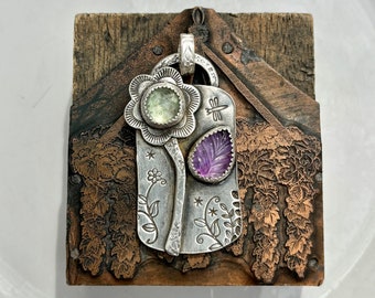 Spring Flower Tag Pendant . Kyanite + Amethyst  . Nature . Sterling  . Artisan Jewelry