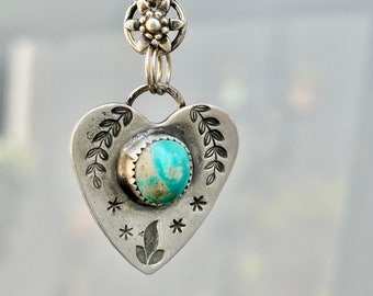 Kingman Turquoise Heart Silver Pendant . Artisan Jewelry . Sterling Silver