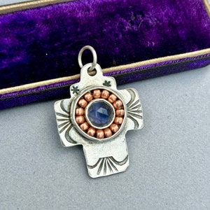 Blue Kyanite Stylized Cross Silver Pendant . Artisan Jewelry . Sterling Silver . Bronze beads . image 3