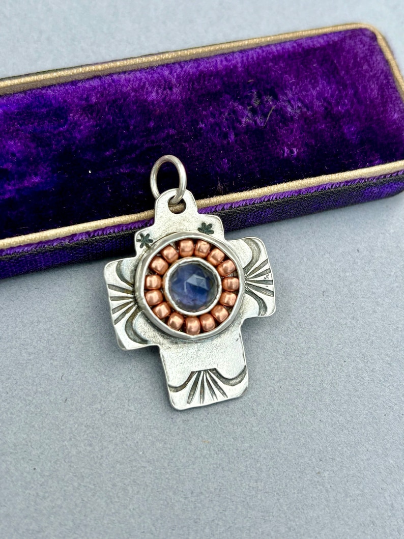 Blue Kyanite Stylized Cross Silver Pendant . Artisan Jewelry . Sterling Silver . Bronze beads . image 3