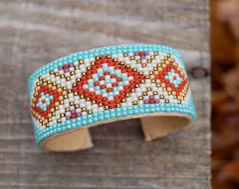 Hand Loomed Cuff Bracelet . Turquoise . Repurposed . Leather . Czech Glass Seed Beads . Southwestern .