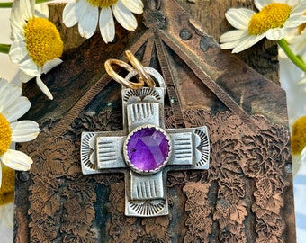 Amethyst Stylized Cross Silver Pendant . Artisan Jewelry . Sterling Silver