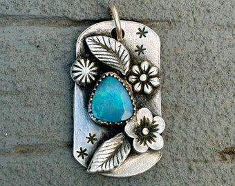 Opal Tag Silver Pendant . Flowers Artisan Jewelry . Sterling Silver