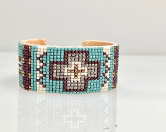 Hand Loomed Cuff Bracelet . Repurposed . Leather . Czech Glass Seed Beads . Southwestern .