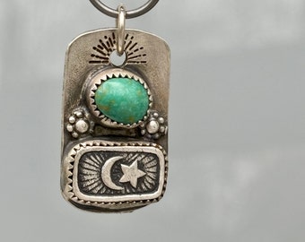 Kingman Turquoise Tag Silver Pendant . Star + Moon Artisan Jewelry . Sterling Silver