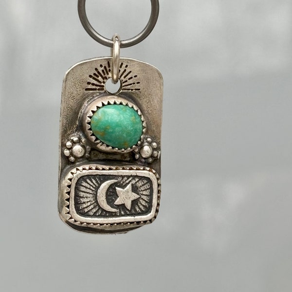 Kingman Turquoise Tag Silver Pendant . Star + Moon Artisan Jewelry . Sterling Silver