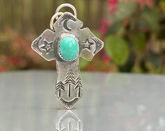 Turquoise  Stylized Cross Silver Pendant . Artisan Jewelry . Sterling Silver . Stamped