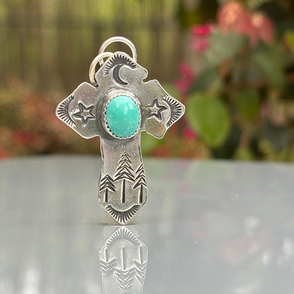 Turquoise  Stylized Cross Silver Pendant . Artisan Jewelry . Sterling Silver . Stamped