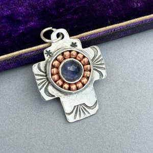 Blue Kyanite Stylized Cross Silver Pendant . Artisan Jewelry . Sterling Silver . Bronze beads . image 4