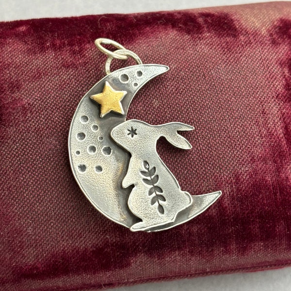 Rabbit Night Sky  Pendant . Artisan Jewelry . Sterling Silver . 24Kt. Keum Boo