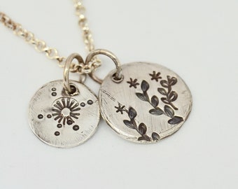 Sterling Silver Sun & Garden Necklace . Flowers . Hand Stamped . 2 Charms Sterling Necklace.Rustic. Necklace.