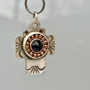 Blue Kyanite Stylized Cross Silver Pendant . Artisan Jewelry . Sterling Silver . Bronze beads . image 1