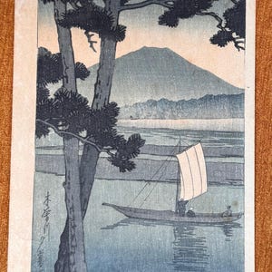 Kawase Hasui Japanese Print Woodblock - Boat on Kiso-gawa River 1930s
