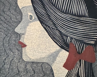 Shima Tamami - Grabado japonés en madera - Niña y mirlo