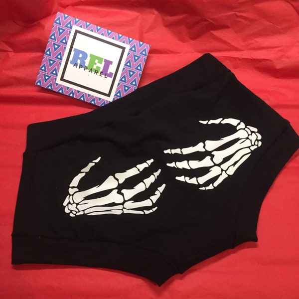 Skeleton Hands Ladies Halloween GLOW in the DARK shorts Black Scrundies, taggless banded underwear, undies, scrundies scrundlewear boyshorts