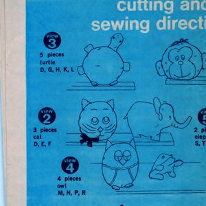 Simplicity 9740 Pattern Pillow-Toys And Pajama Bags: Monkey, Cat, Turtle, Owl, Elephant, And Frog image 3