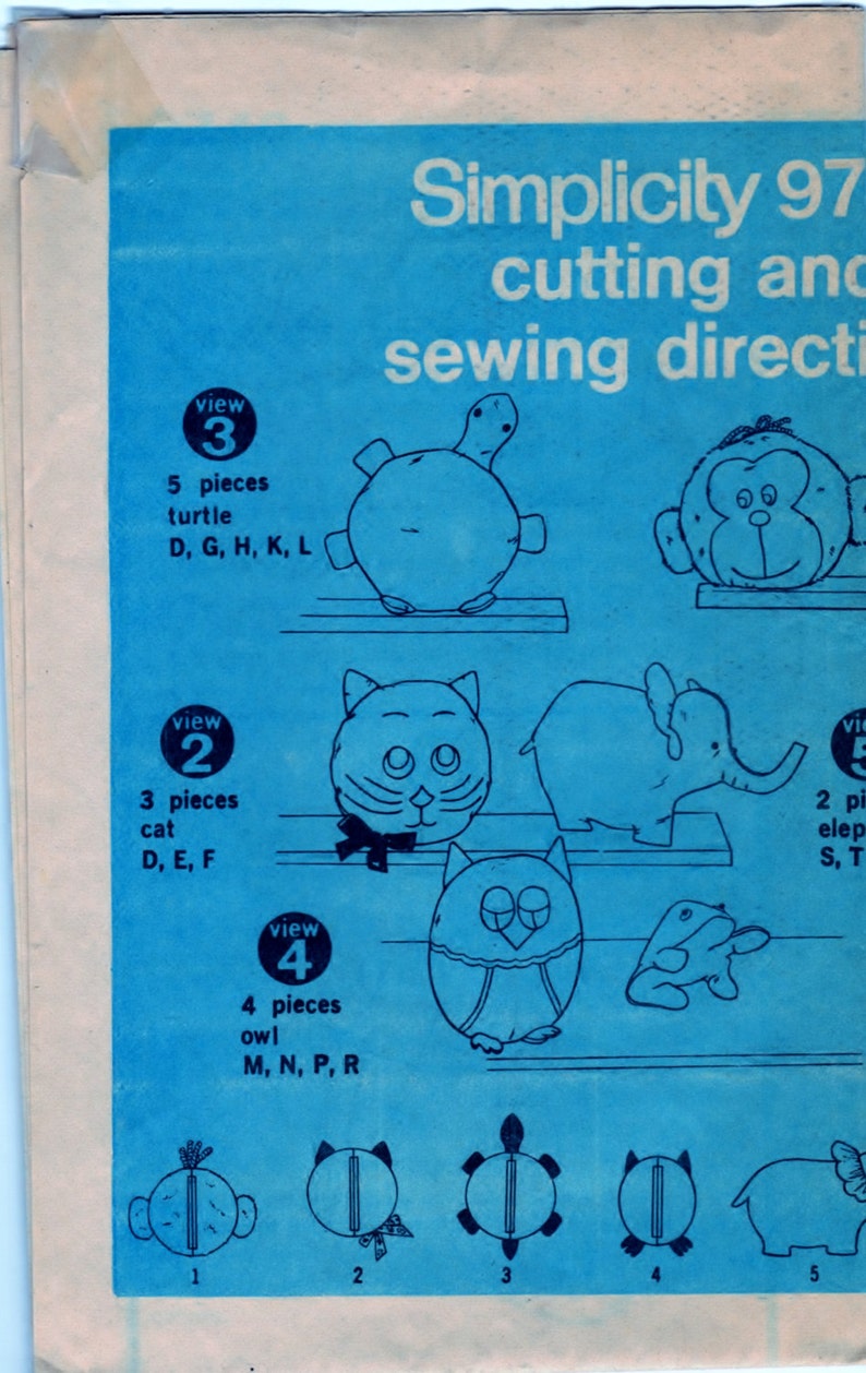 Simplicity 9740 Pattern Pillow-Toys And Pajama Bags: Monkey, Cat, Turtle, Owl, Elephant, And Frog image 3