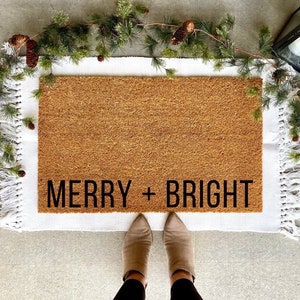 Merry and Bright doormat, Christmas decor, personalized doormat, holiday doormat, welcome mat, front doormat, winter decor, custom doormat image 1